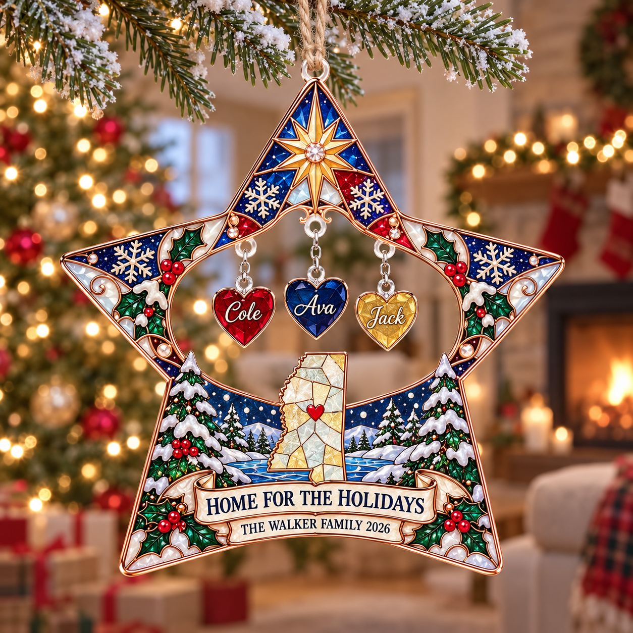 Stained-glass acrylic Christmas ornament with "HOME FOR THE HOLIDAYS" and personalised name charms
