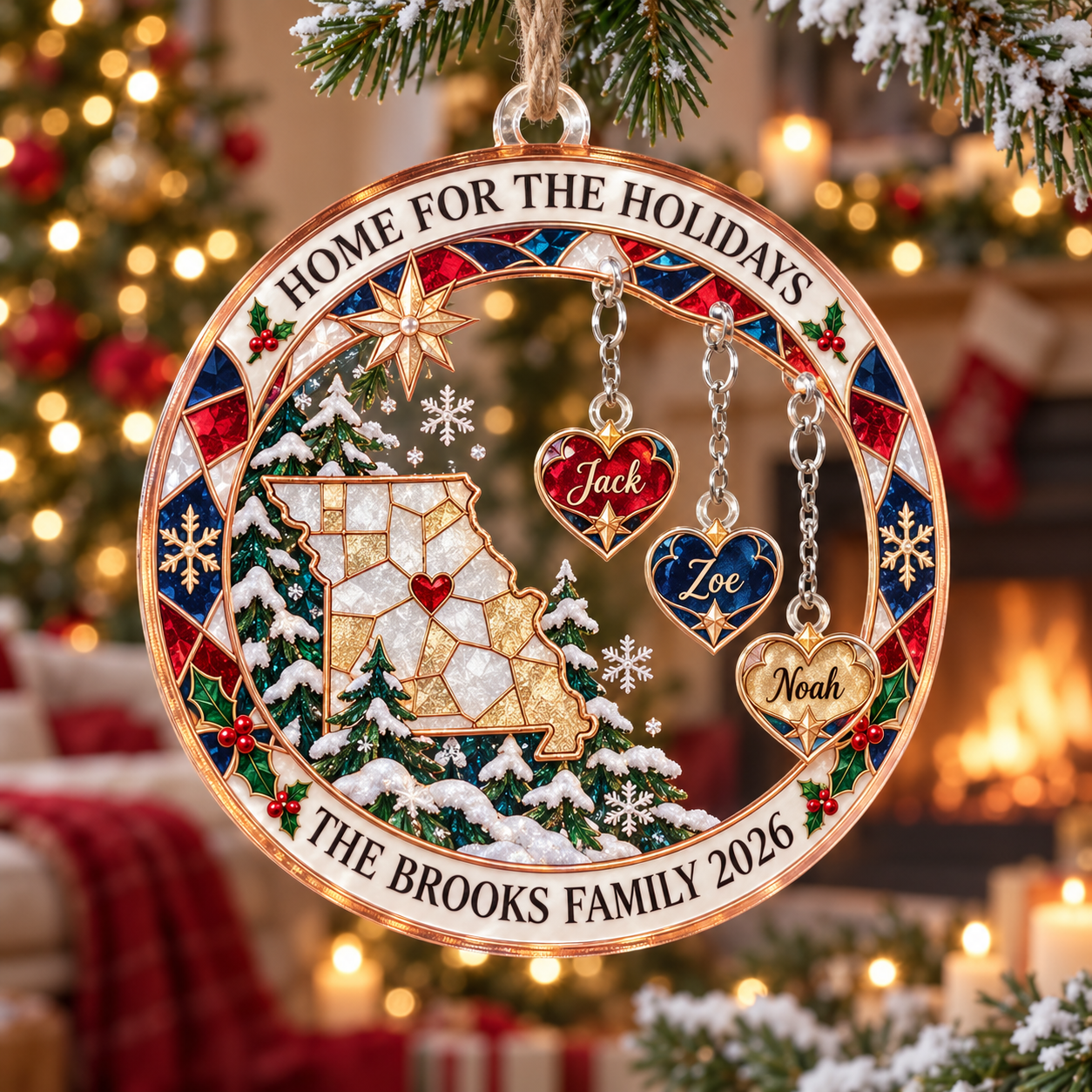 Stained-glass acrylic Christmas ornament with "HOME FOR THE HOLIDAYS" and personalised name charms