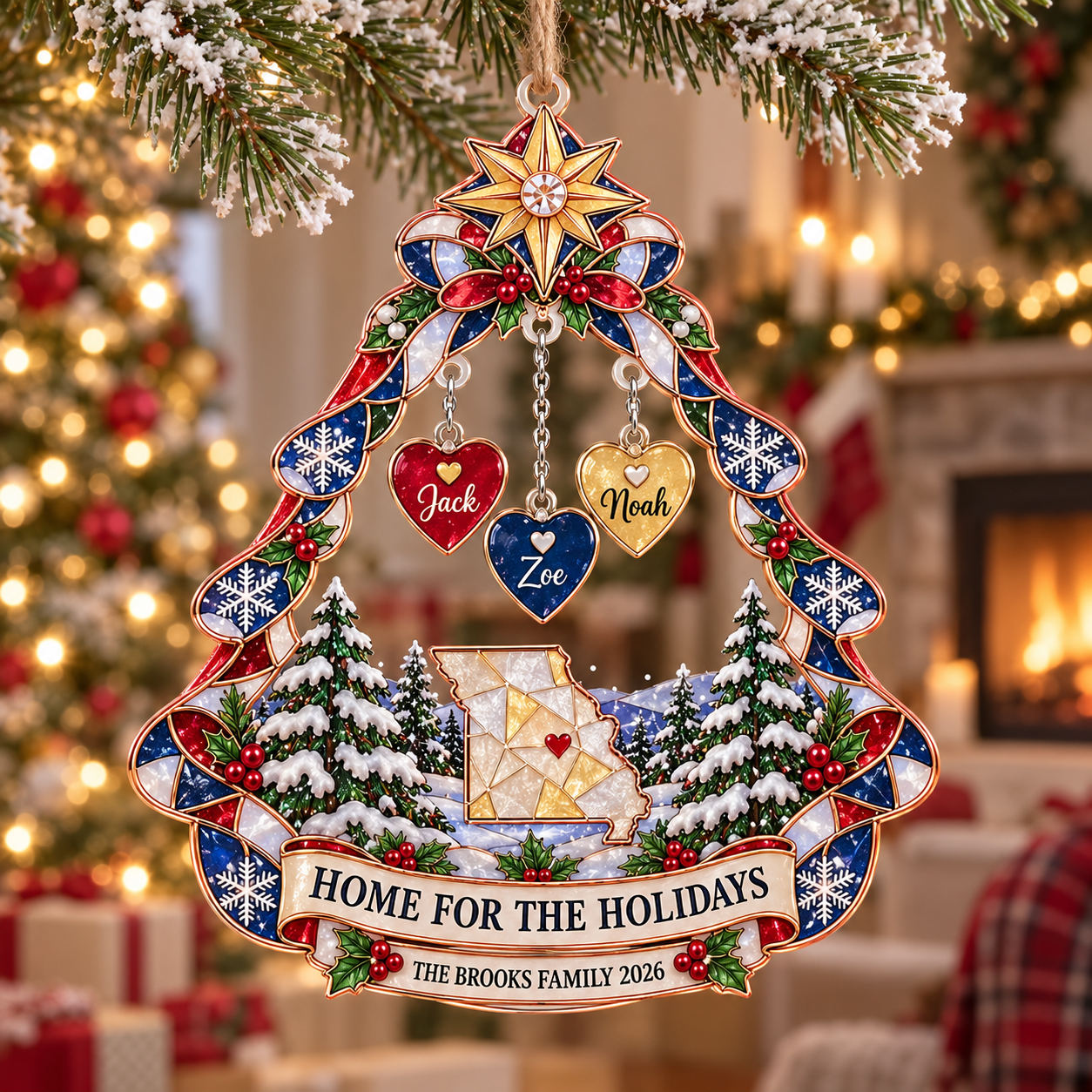 Stained-glass acrylic Christmas ornament with "HOME FOR THE HOLIDAYS" and personalised name charms
