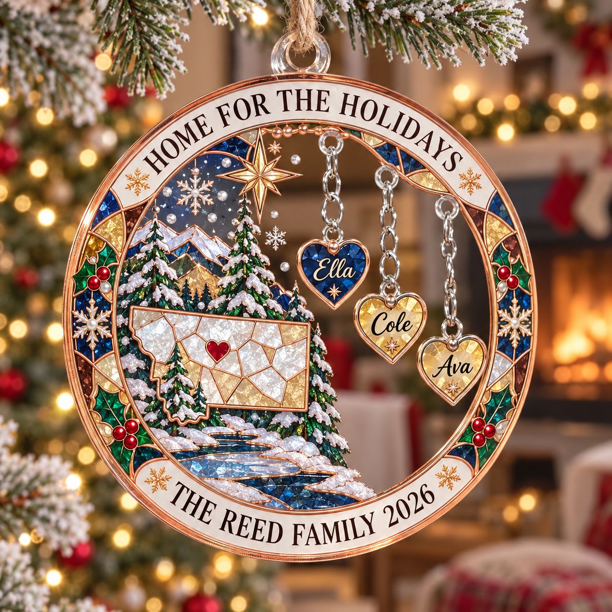 Stained-glass acrylic Christmas ornament with "HOME FOR THE HOLIDAYS" and personalised name charms
