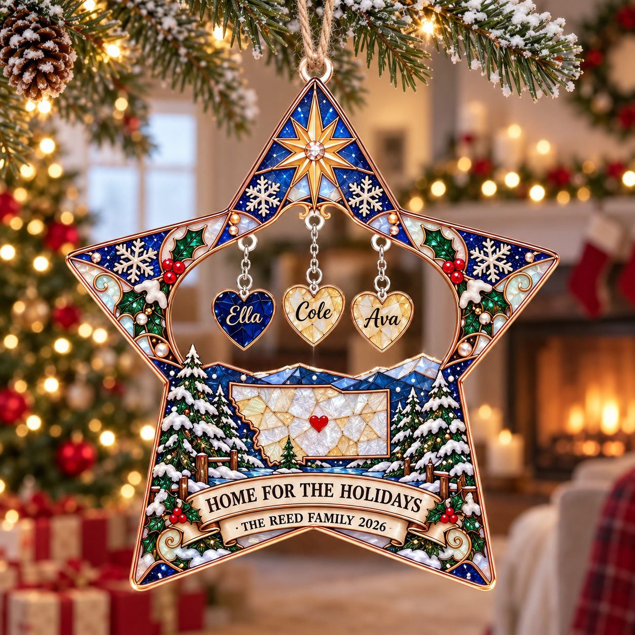 Stained-glass acrylic Christmas ornament with "HOME FOR THE HOLIDAYS" and personalised name charms