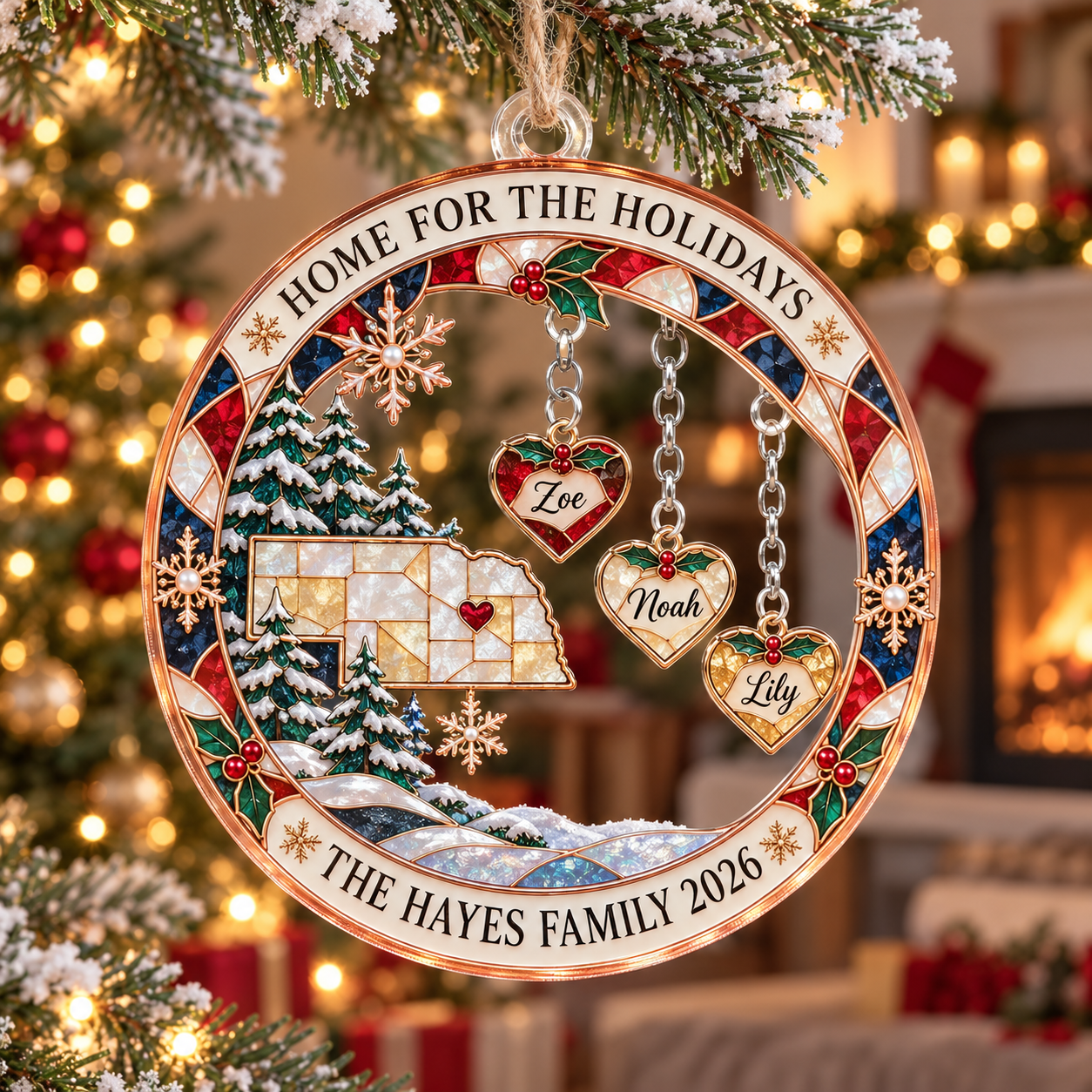 Stained-glass acrylic Christmas ornament with "HOME FOR THE HOLIDAYS" and personalised name charms