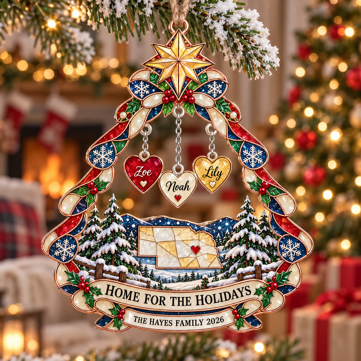Stained-glass acrylic Christmas ornament with "HOME FOR THE HOLIDAYS" and personalised name charms