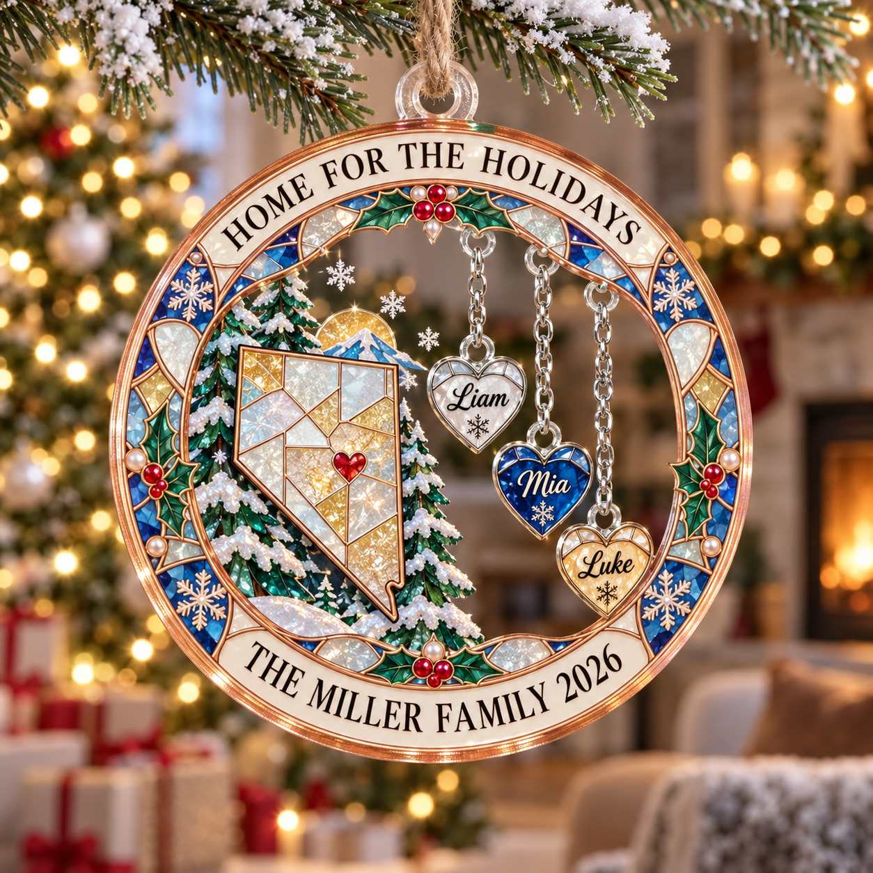Stained-glass acrylic Christmas ornament with "HOME FOR THE HOLIDAYS" and personalised name charms