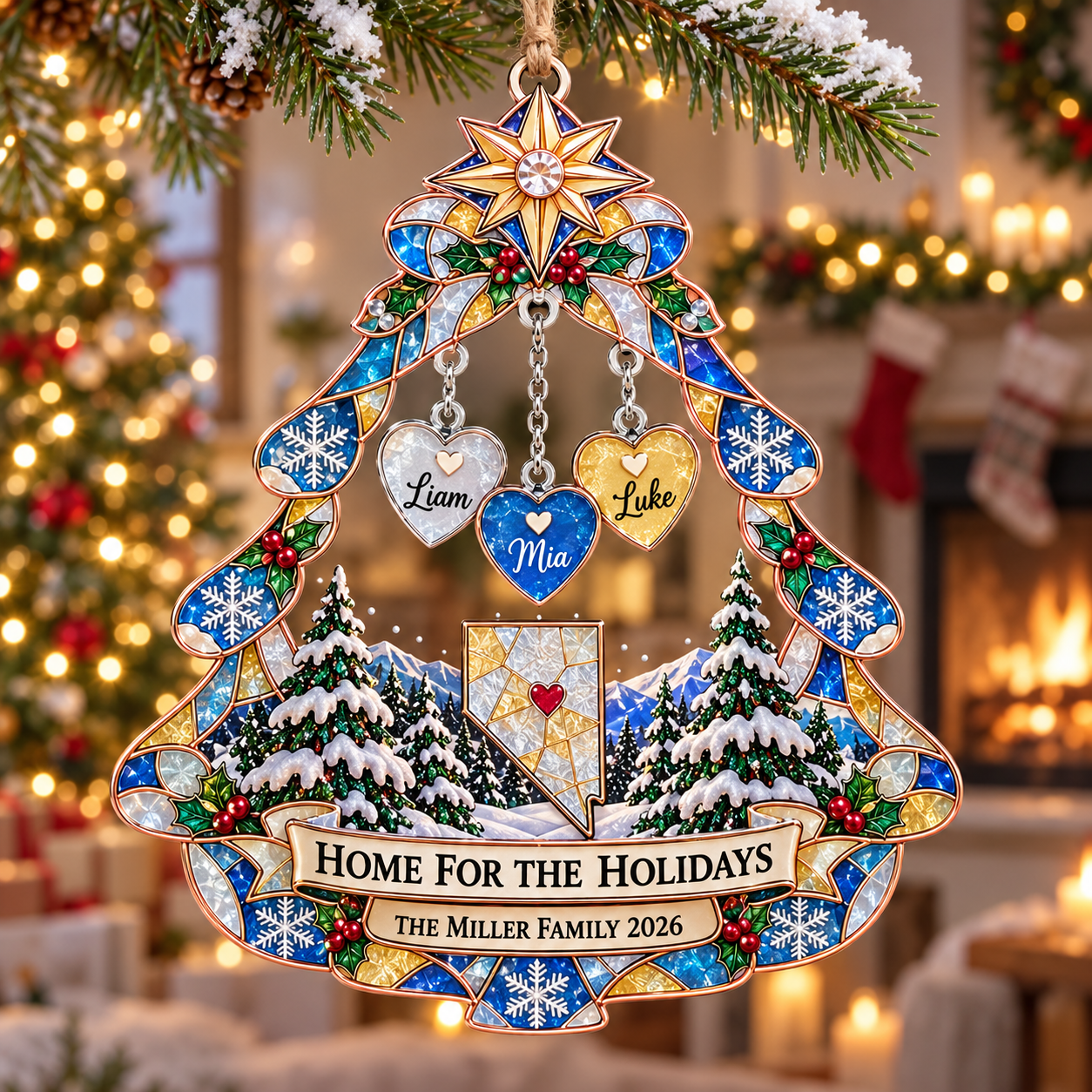 Stained-glass acrylic Christmas ornament with "HOME FOR THE HOLIDAYS" and personalised name charms