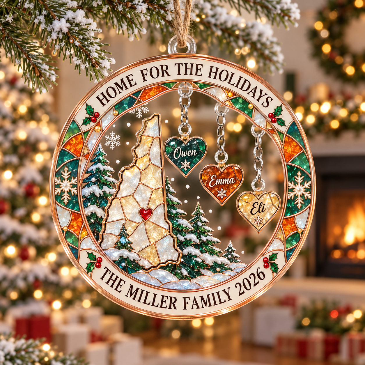 Stained-glass acrylic Christmas ornament with "HOME FOR THE HOLIDAYS" and personalised name charms