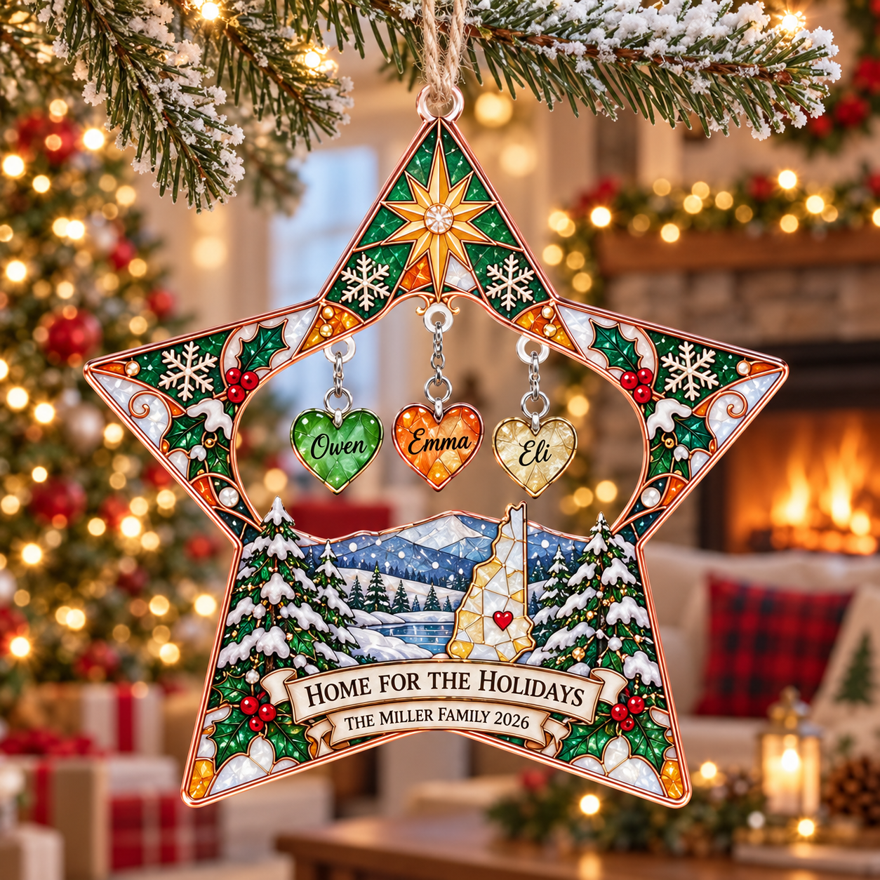 Stained-glass acrylic Christmas ornament with "HOME FOR THE HOLIDAYS" and personalised name charms