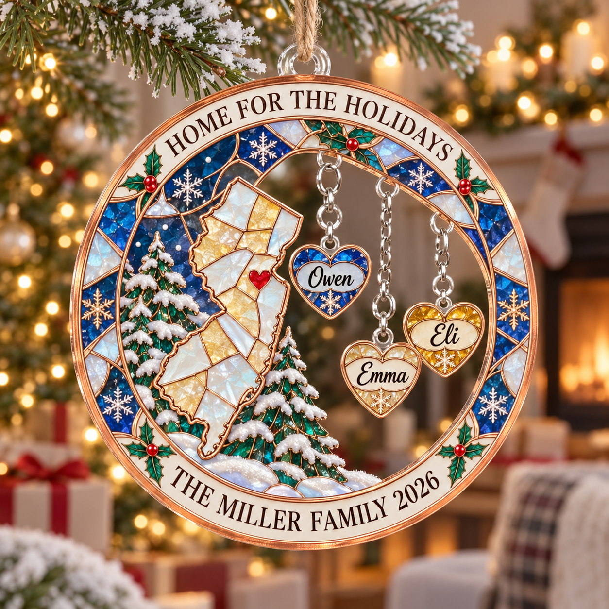 Stained-glass acrylic Christmas ornament with "HOME FOR THE HOLIDAYS" and personalised name charms