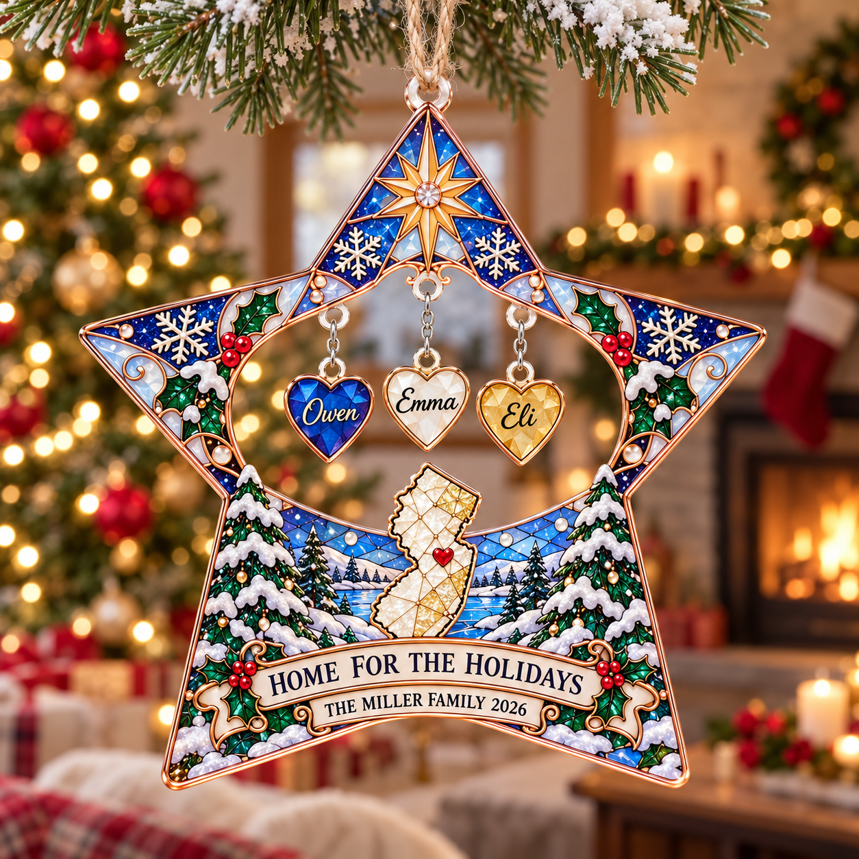 Stained-glass acrylic Christmas ornament with "HOME FOR THE HOLIDAYS" and personalised name charms