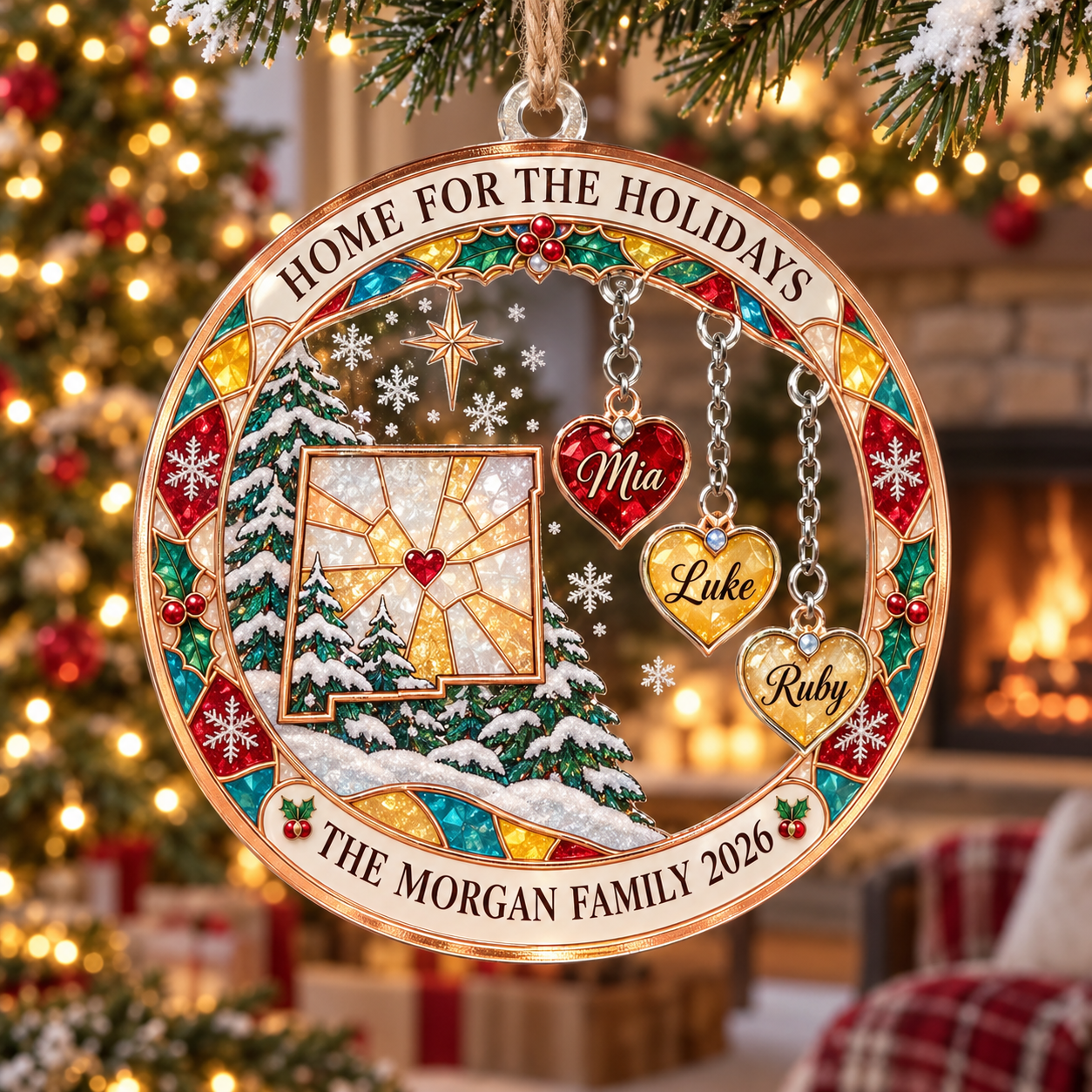 Stained-glass acrylic Christmas ornament with "HOME FOR THE HOLIDAYS" and personalised name charms