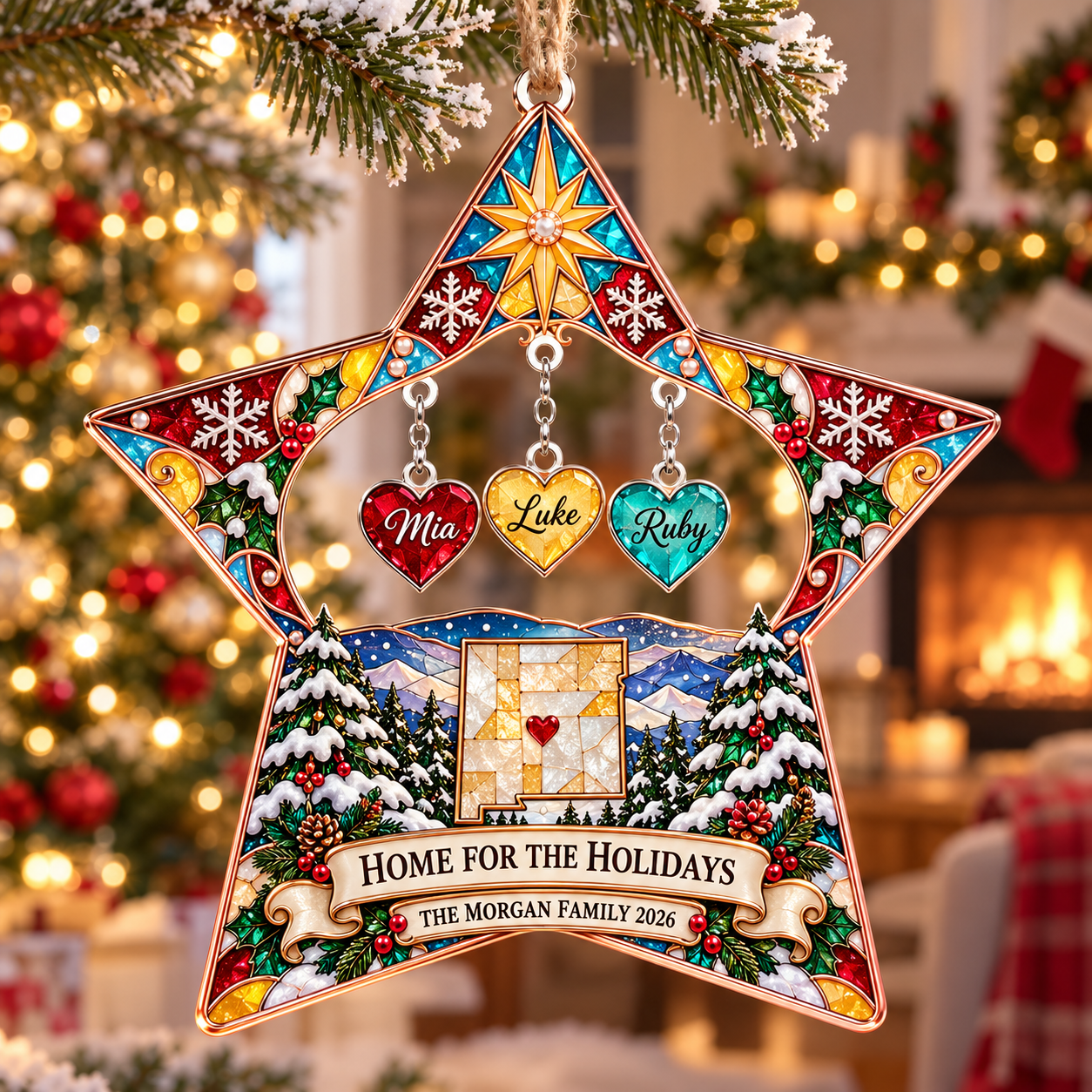 Stained-glass acrylic Christmas ornament with "HOME FOR THE HOLIDAYS" and personalised name charms