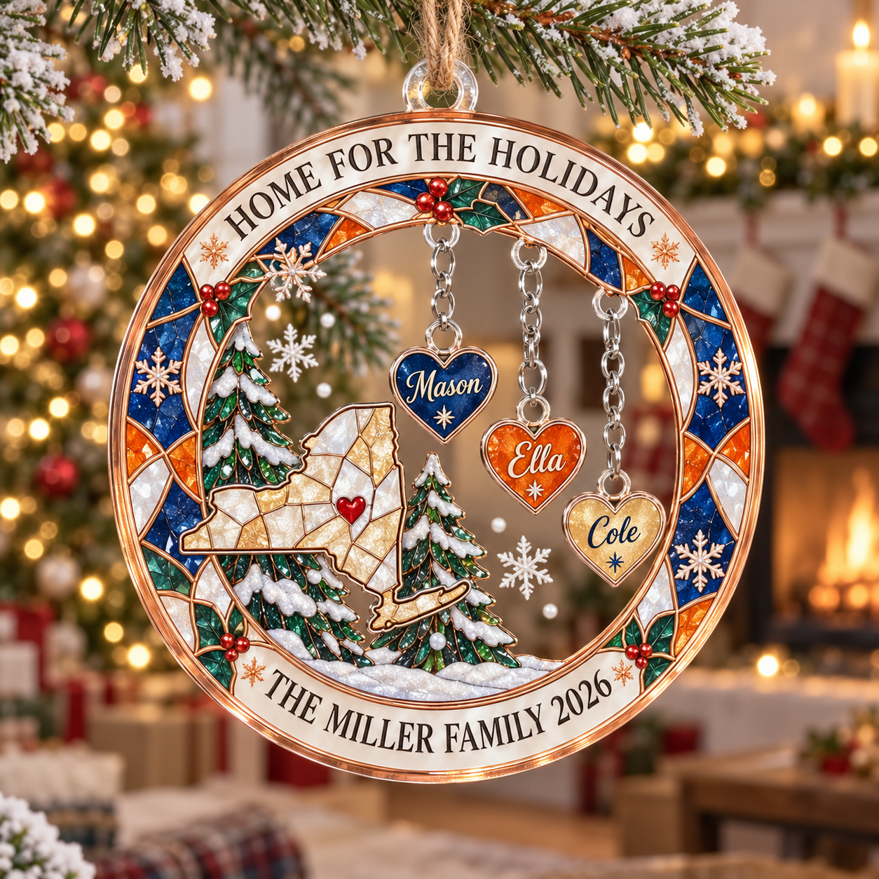 Stained-glass acrylic Christmas ornament with "HOME FOR THE HOLIDAYS" and personalised name charms