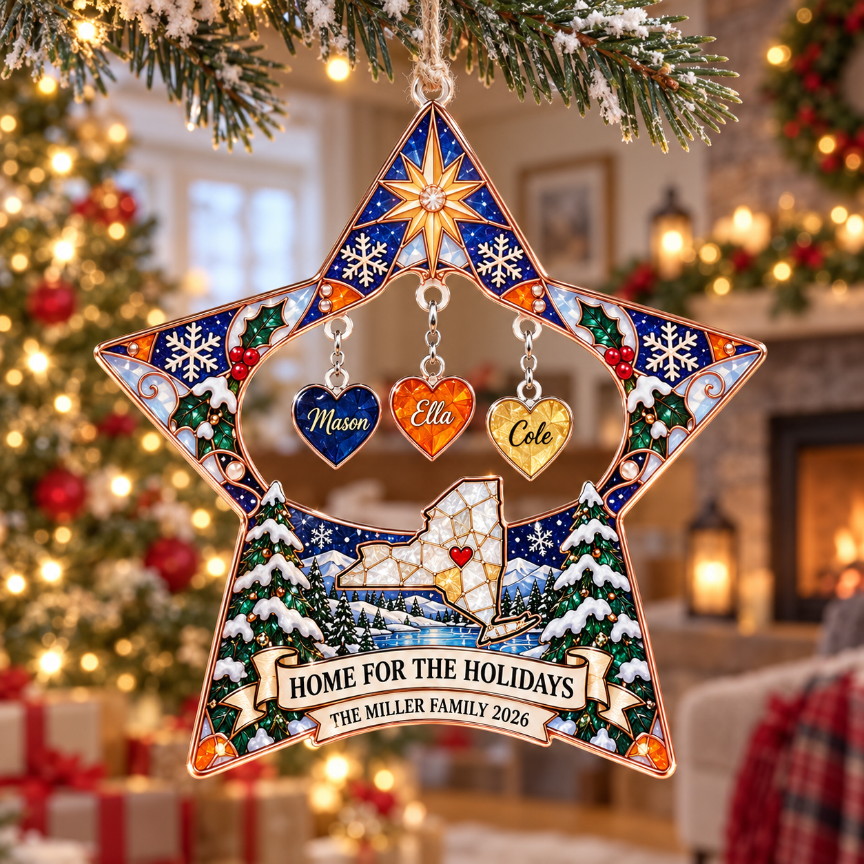 Stained-glass acrylic Christmas ornament with "HOME FOR THE HOLIDAYS" and personalised name charms