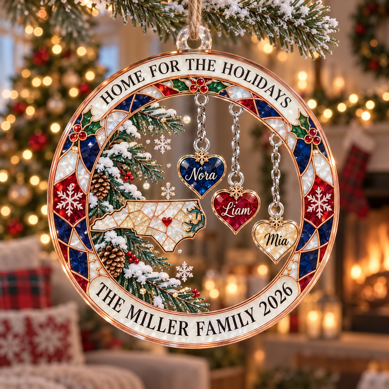 Stained-glass acrylic Christmas ornament with "HOME FOR THE HOLIDAYS" and personalised name charms