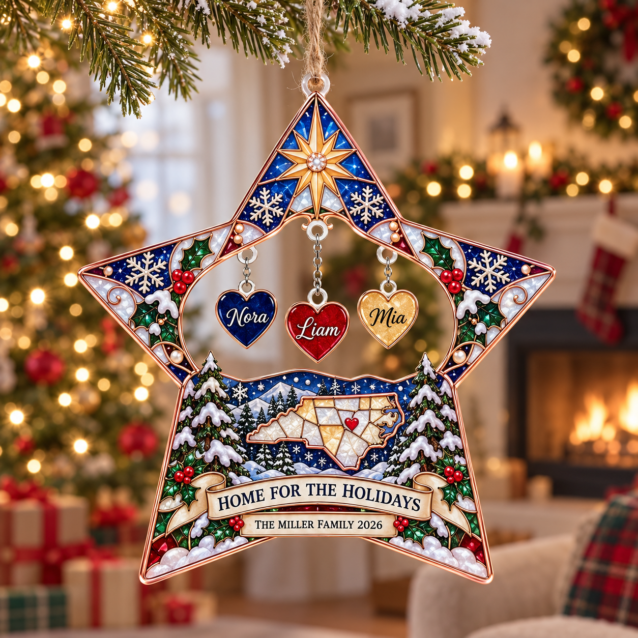 Stained-glass acrylic Christmas ornament with "HOME FOR THE HOLIDAYS" and personalised name charms