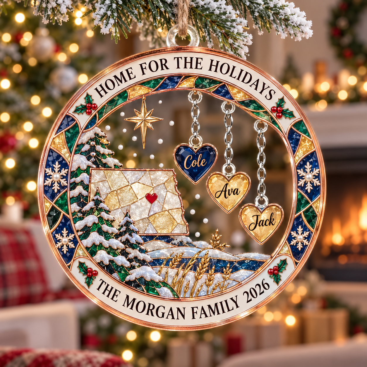 Stained-glass acrylic Christmas ornament with "HOME FOR THE HOLIDAYS" and personalised name charms