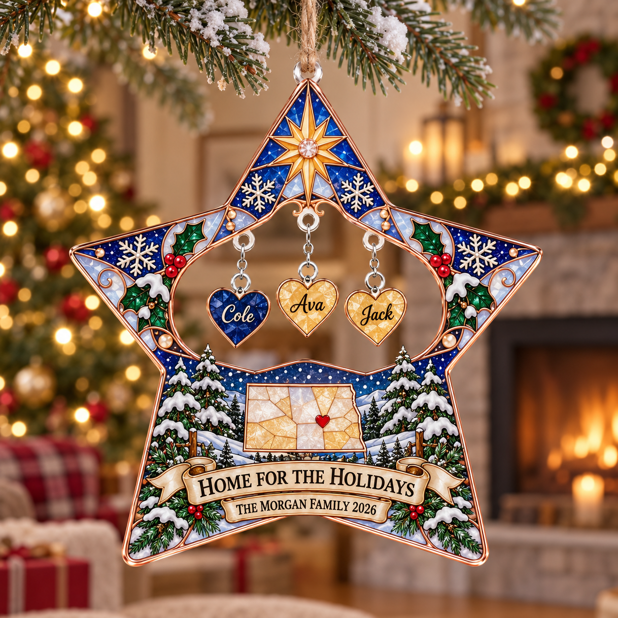 Stained-glass acrylic Christmas ornament with "HOME FOR THE HOLIDAYS" and personalised name charms