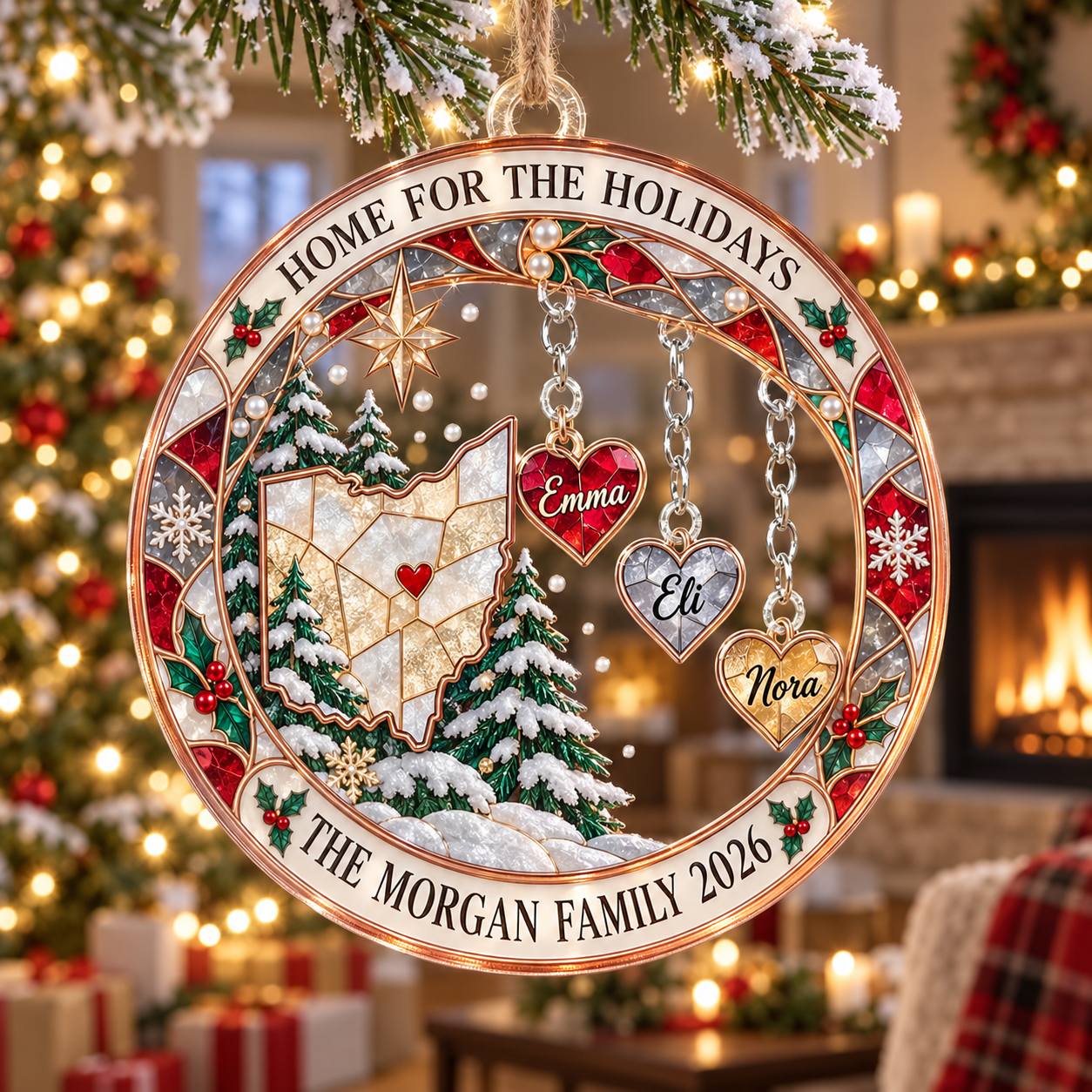 Stained-glass acrylic Christmas ornament with "HOME FOR THE HOLIDAYS" and personalised name charms