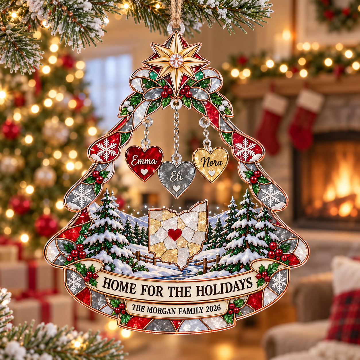 Stained-glass acrylic Christmas ornament with "HOME FOR THE HOLIDAYS" and personalised name charms