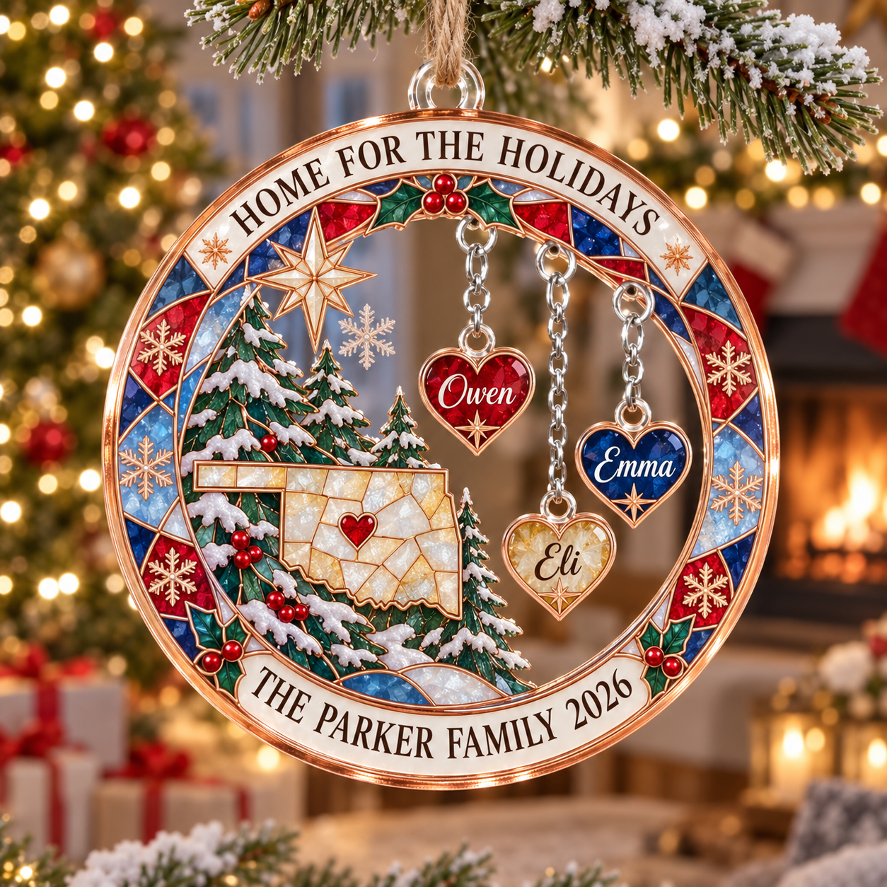 Stained-glass acrylic Christmas ornament with "HOME FOR THE HOLIDAYS" and personalised name charms