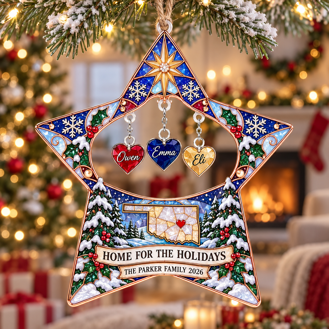 Stained-glass acrylic Christmas ornament with "HOME FOR THE HOLIDAYS" and personalised name charms