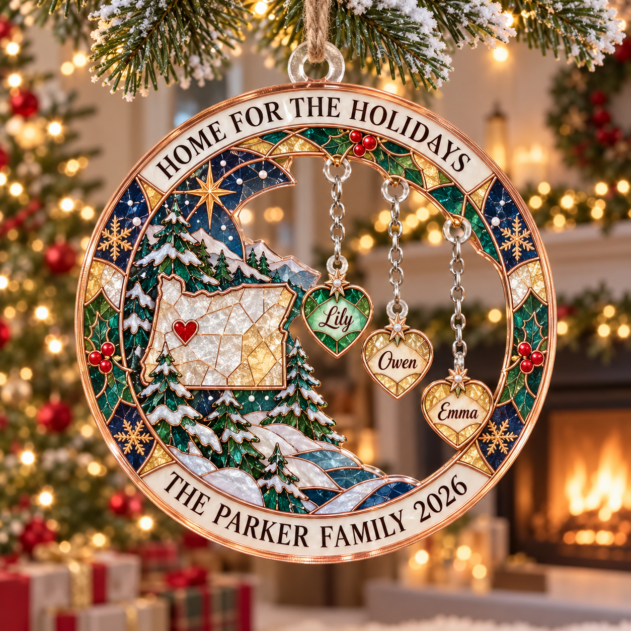Stained-glass acrylic Christmas ornament with "HOME FOR THE HOLIDAYS" and personalised name charms