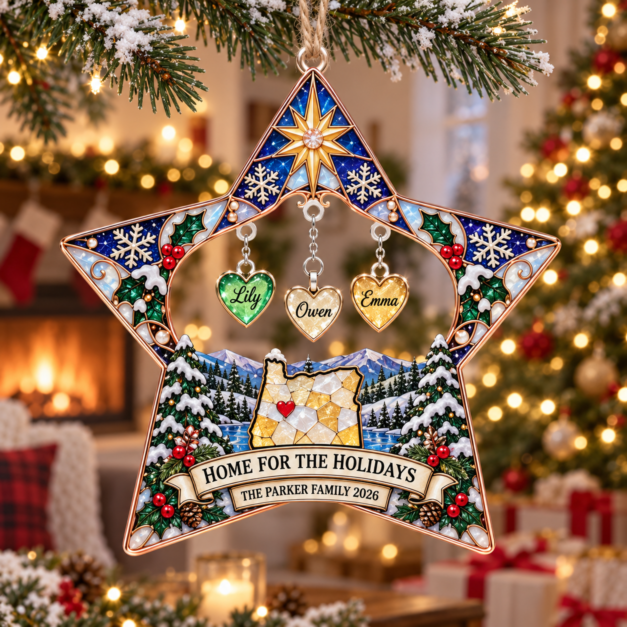 Stained-glass acrylic Christmas ornament with "HOME FOR THE HOLIDAYS" and personalised name charms