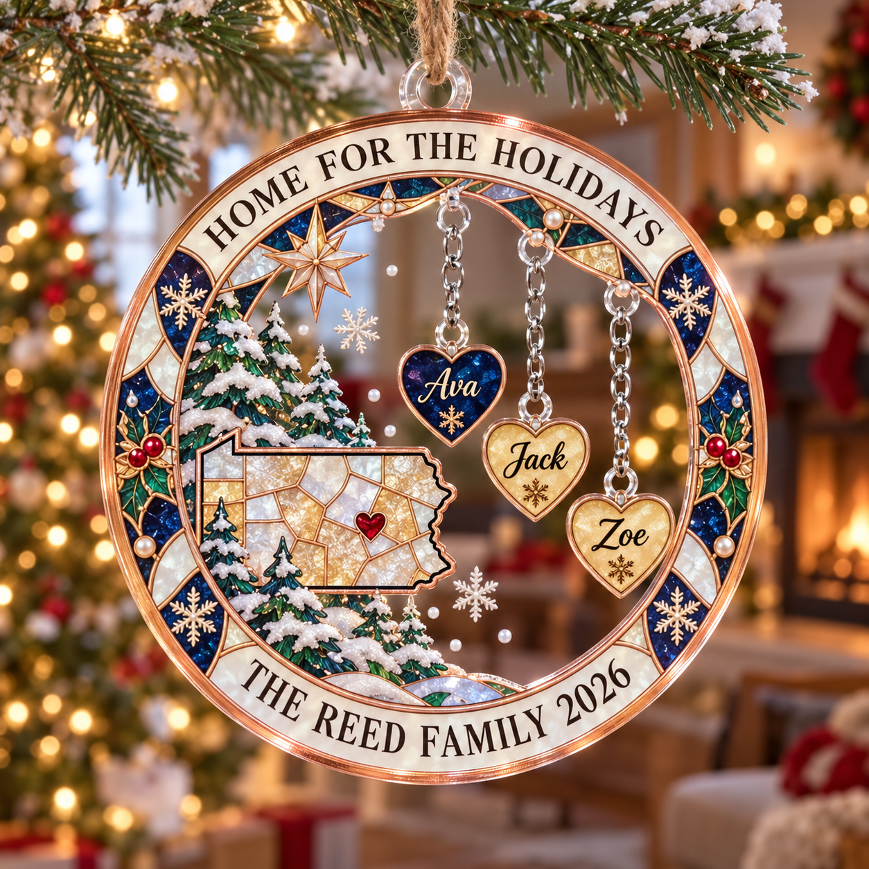 Stained-glass acrylic Christmas ornament with "HOME FOR THE HOLIDAYS" and personalised name charms