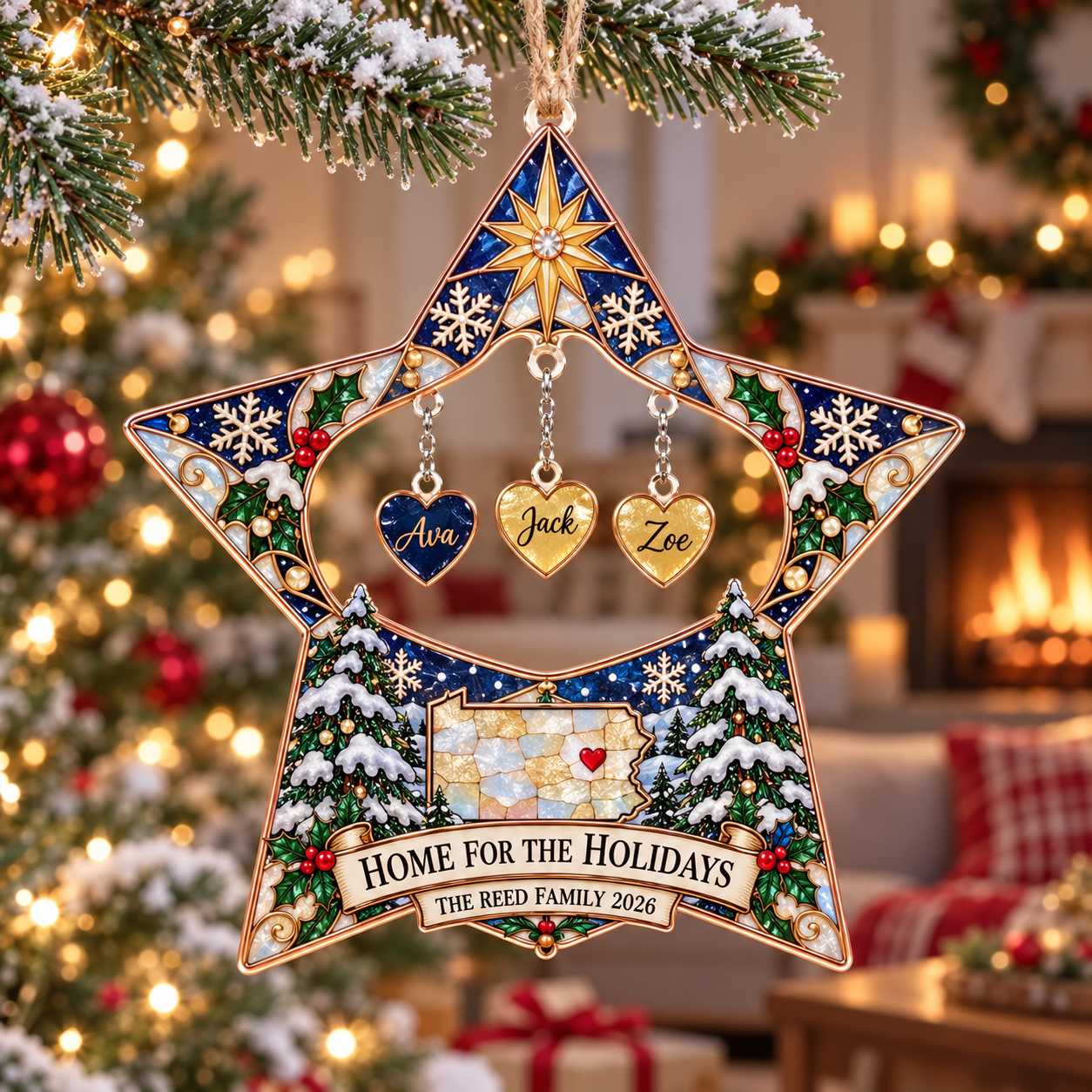 Stained-glass acrylic Christmas ornament with "HOME FOR THE HOLIDAYS" and personalised name charms