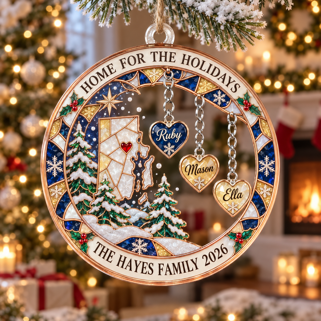 Stained-glass acrylic Christmas ornament with "HOME FOR THE HOLIDAYS" and personalised name charms
