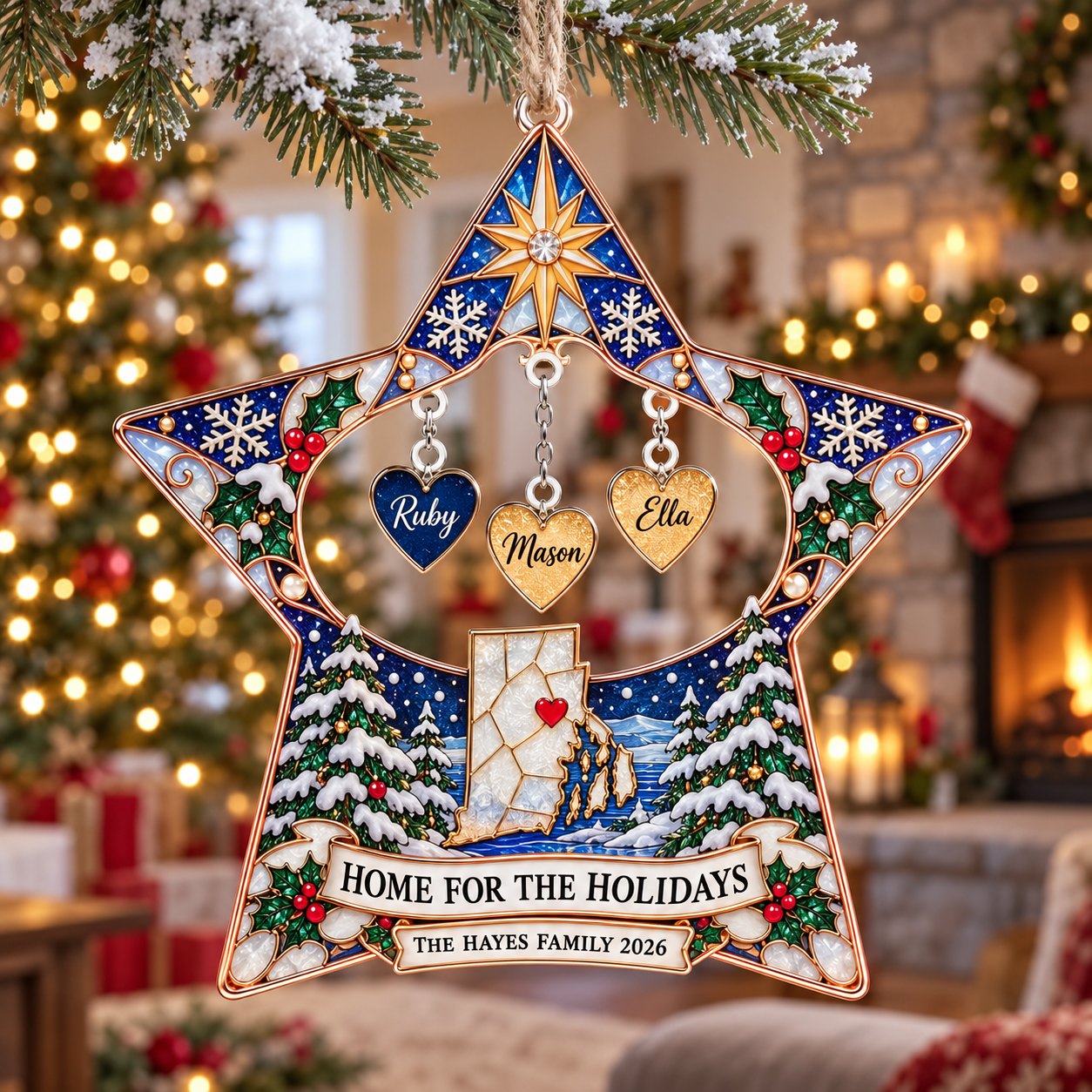 Stained-glass acrylic Christmas ornament with "HOME FOR THE HOLIDAYS" and personalised name charms