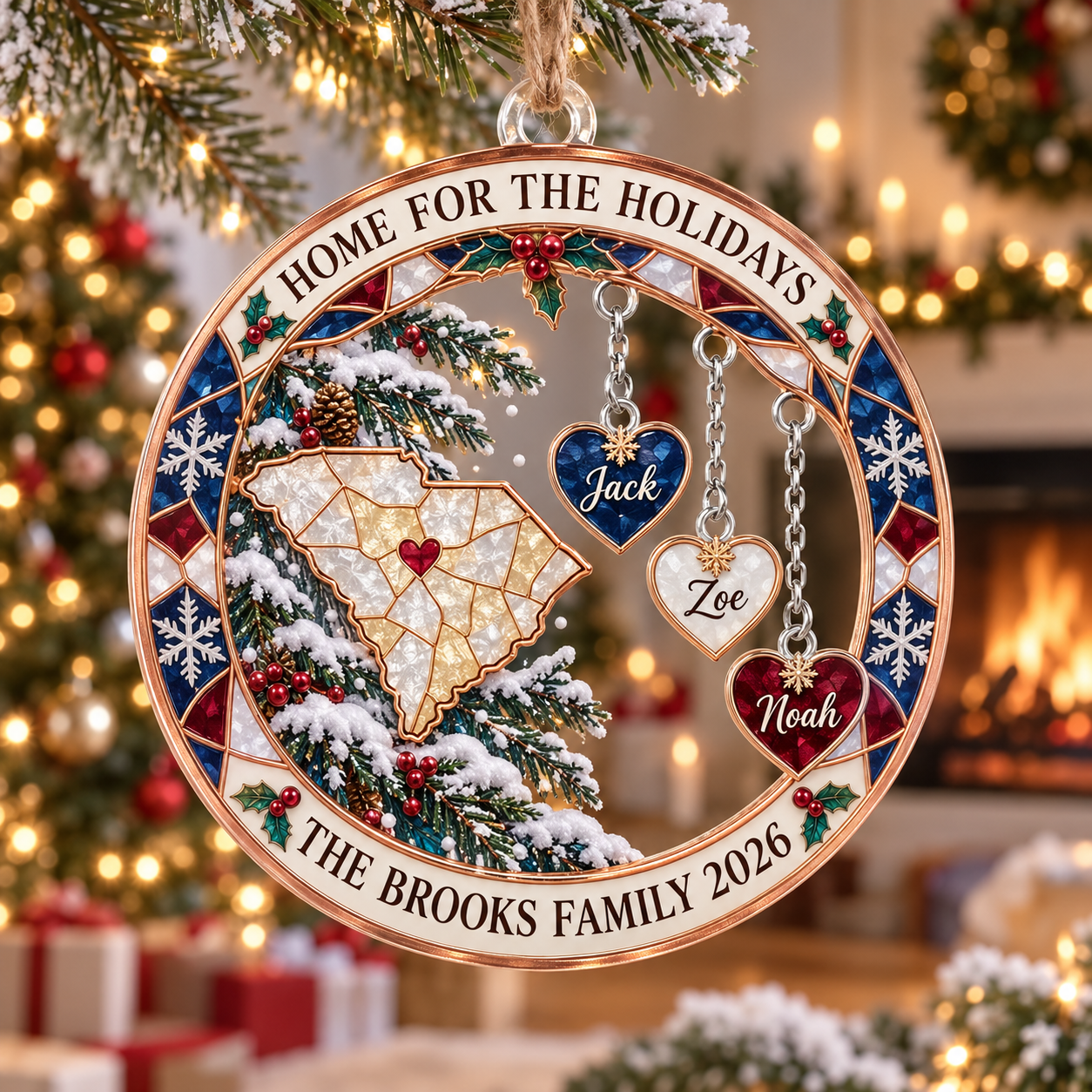 Stained-glass acrylic Christmas ornament with "HOME FOR THE HOLIDAYS" and personalised name charms