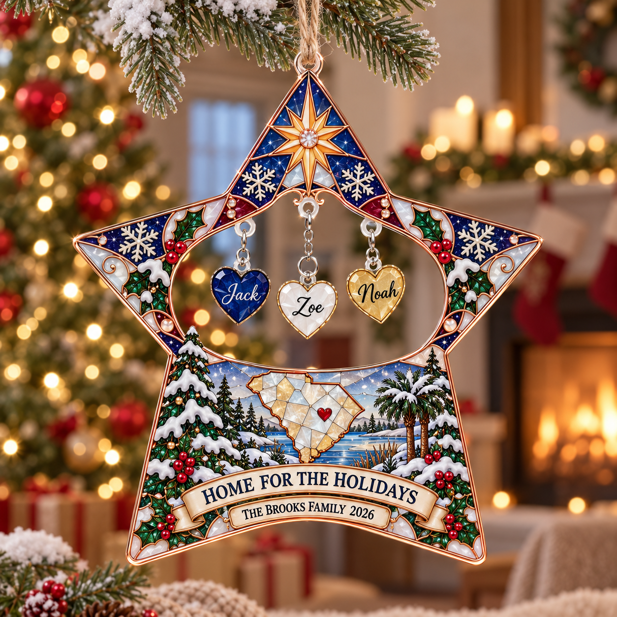 Stained-glass acrylic Christmas ornament with "HOME FOR THE HOLIDAYS" and personalised name charms