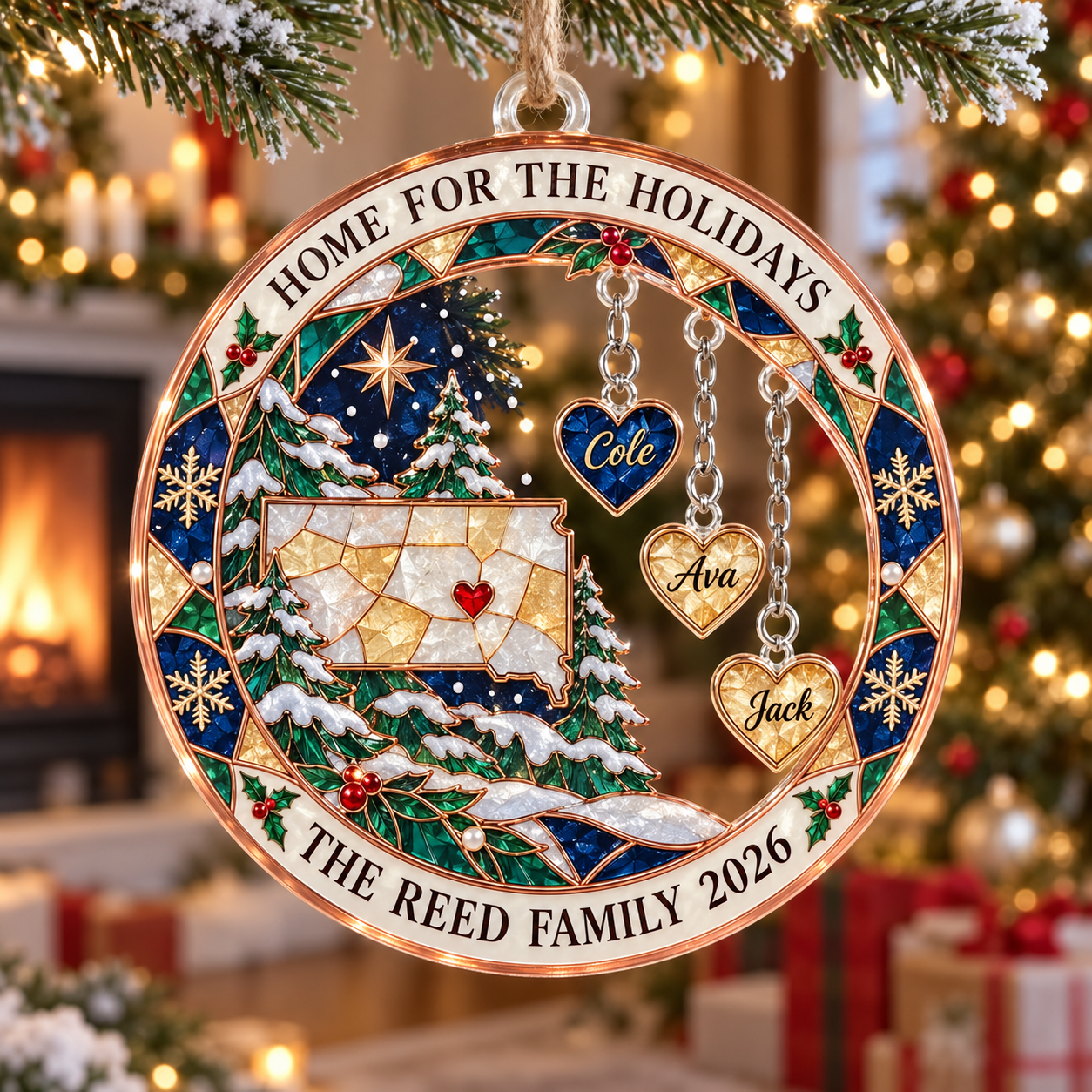 Stained-glass acrylic Christmas ornament with "HOME FOR THE HOLIDAYS" and personalised name charms