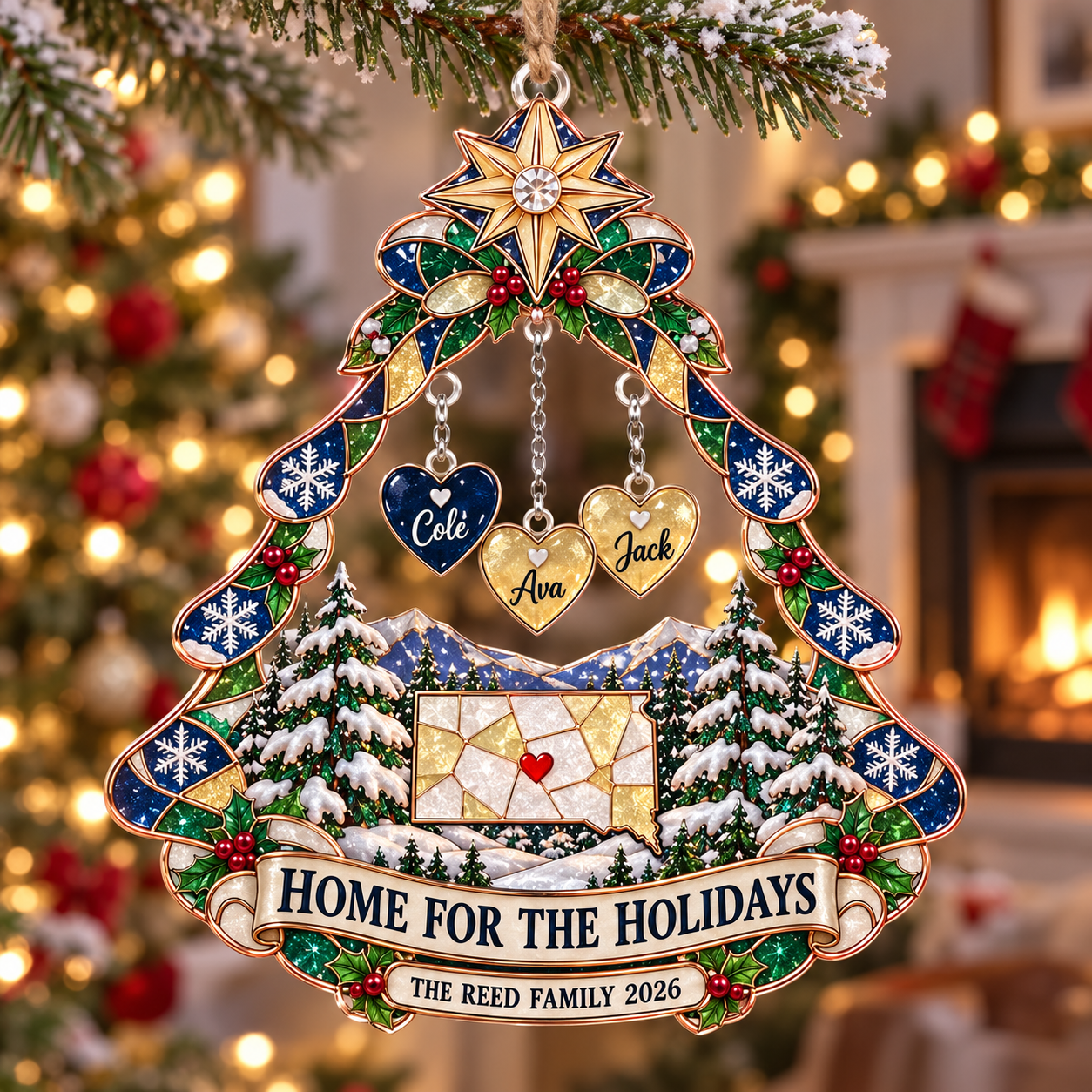 Stained-glass acrylic Christmas ornament with "HOME FOR THE HOLIDAYS" and personalised name charms
