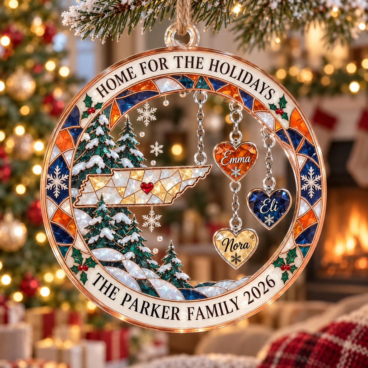 Stained-glass acrylic Christmas ornament with "HOME FOR THE HOLIDAYS" and personalised name charms