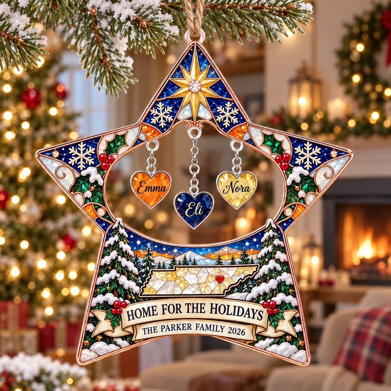 Stained-glass acrylic Christmas ornament with "HOME FOR THE HOLIDAYS" and personalised name charms