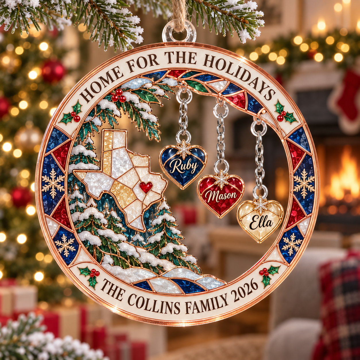 Stained-glass acrylic Christmas ornament with "HOME FOR THE HOLIDAYS" and personalised name charms