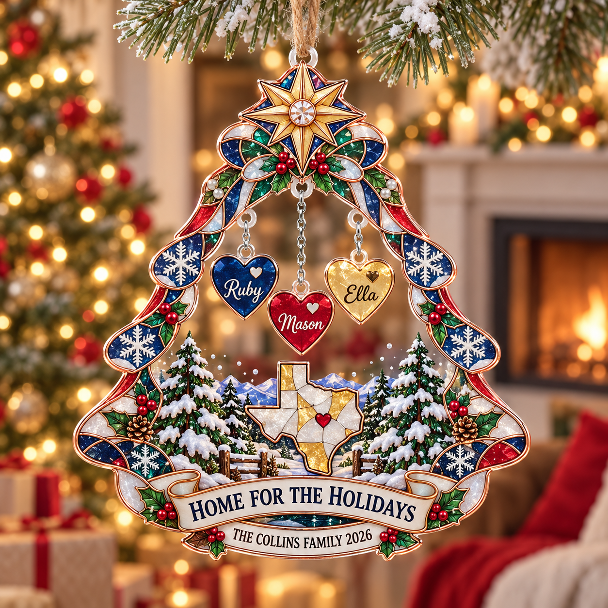 Stained-glass acrylic Christmas ornament with "HOME FOR THE HOLIDAYS" and personalised name charms