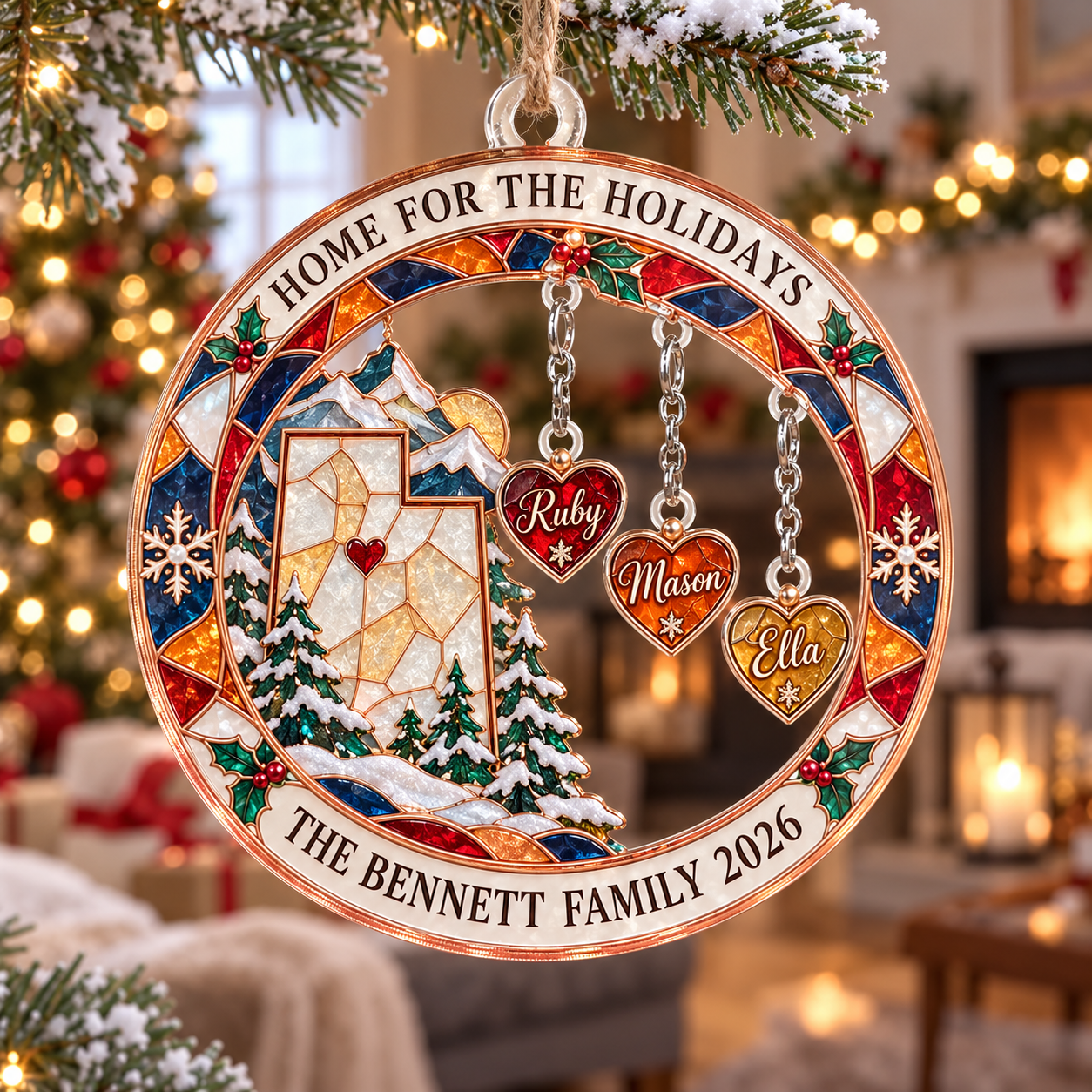 Stained-glass acrylic Christmas ornament with "HOME FOR THE HOLIDAYS" and personalised name charms