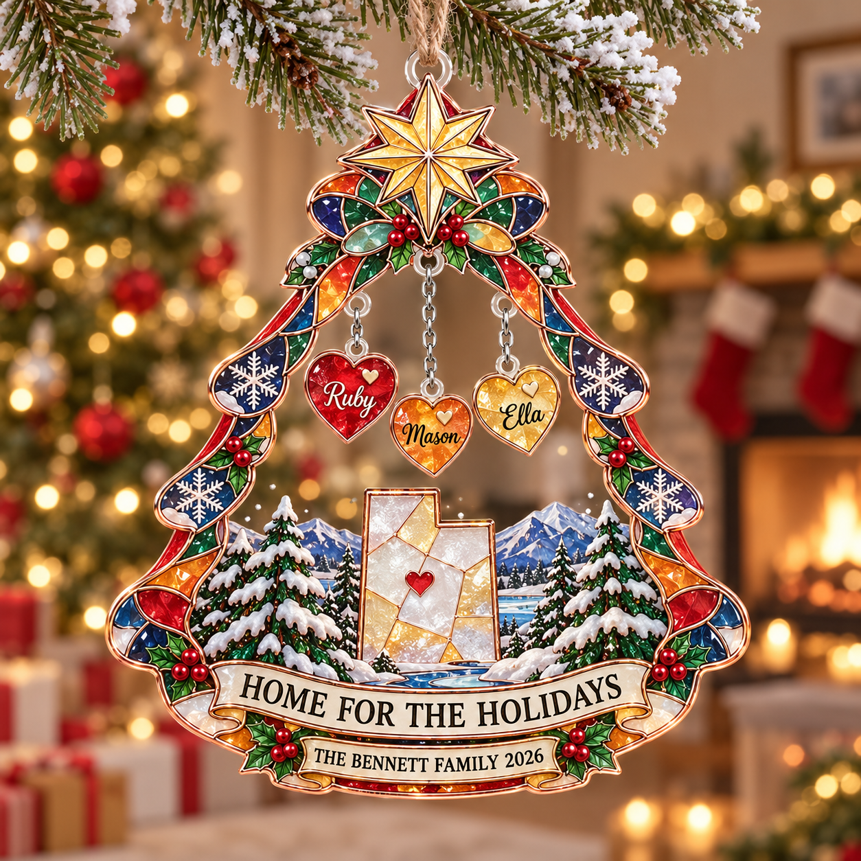 Stained-glass acrylic Christmas ornament with "HOME FOR THE HOLIDAYS" and personalised name charms