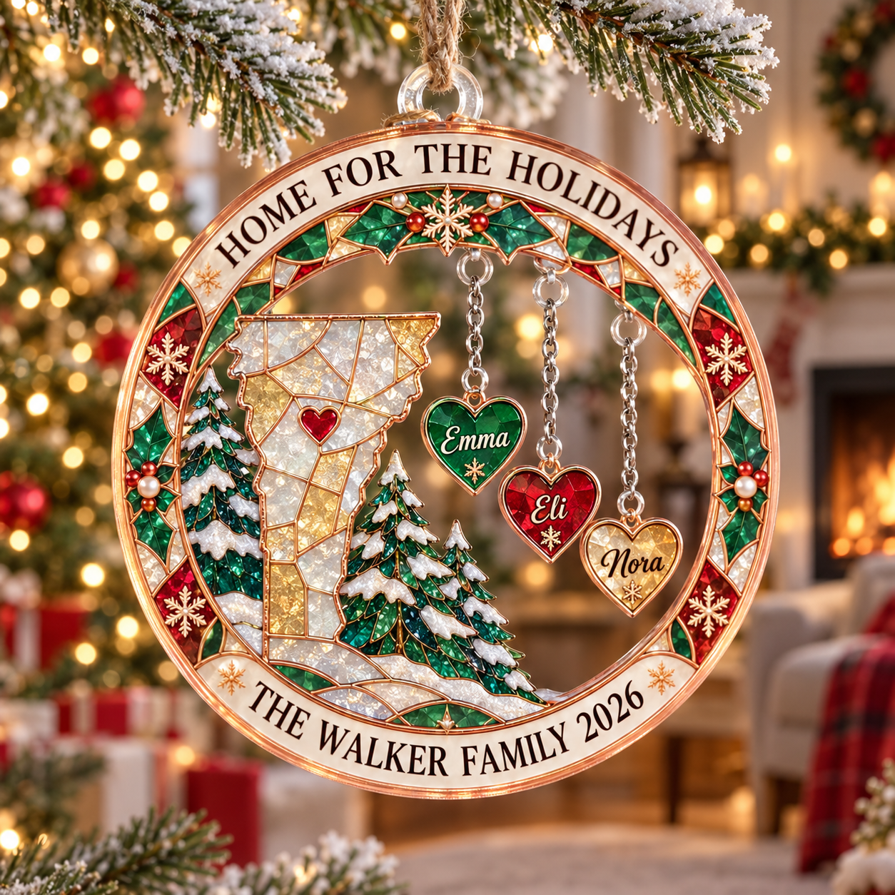 Stained-glass acrylic Christmas ornament with "HOME FOR THE HOLIDAYS" and personalised name charms