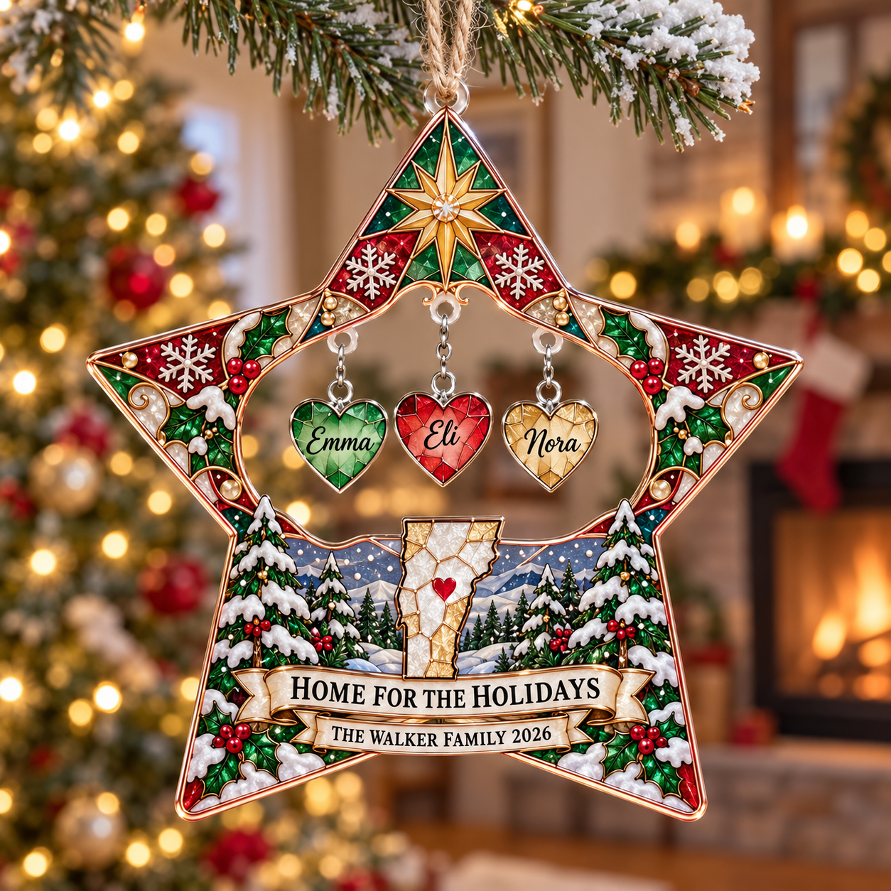 Stained-glass acrylic Christmas ornament with "HOME FOR THE HOLIDAYS" and personalised name charms