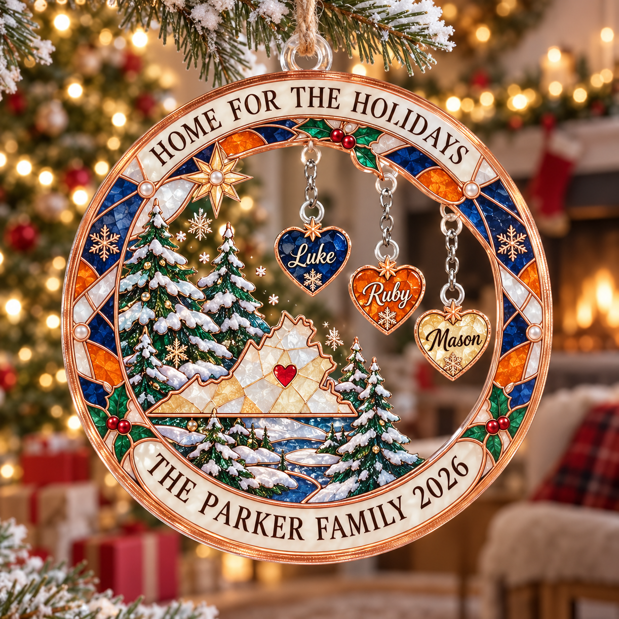 Stained-glass acrylic Christmas ornament with "HOME FOR THE HOLIDAYS" and personalised name charms