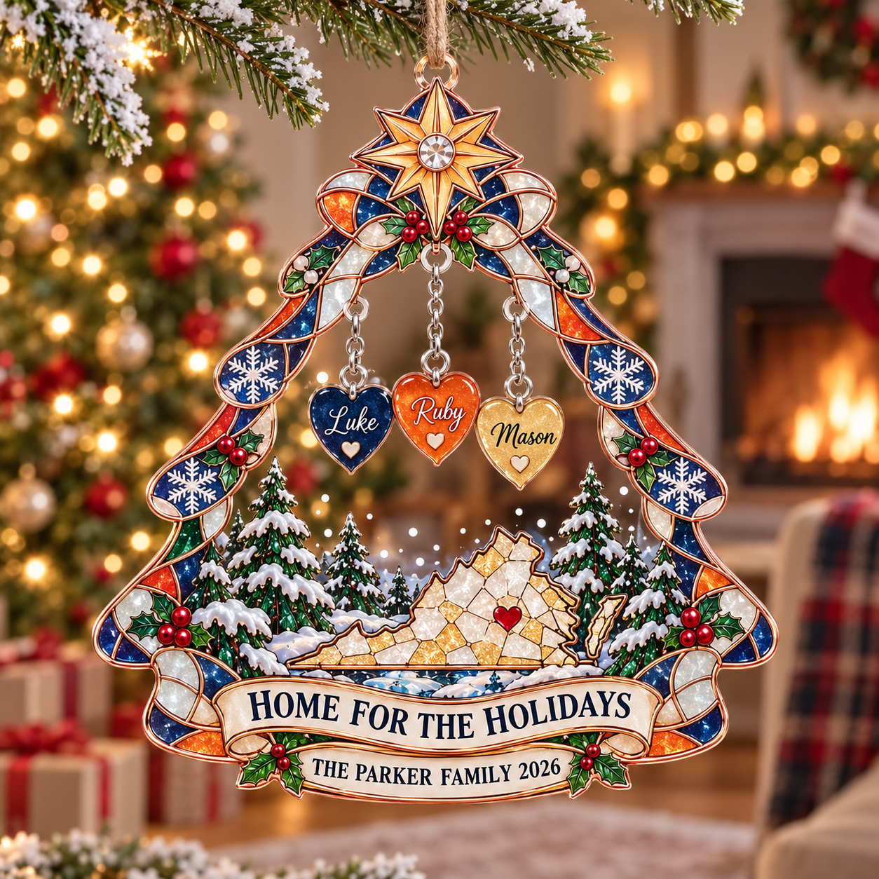 Stained-glass acrylic Christmas ornament with "HOME FOR THE HOLIDAYS" and personalised name charms