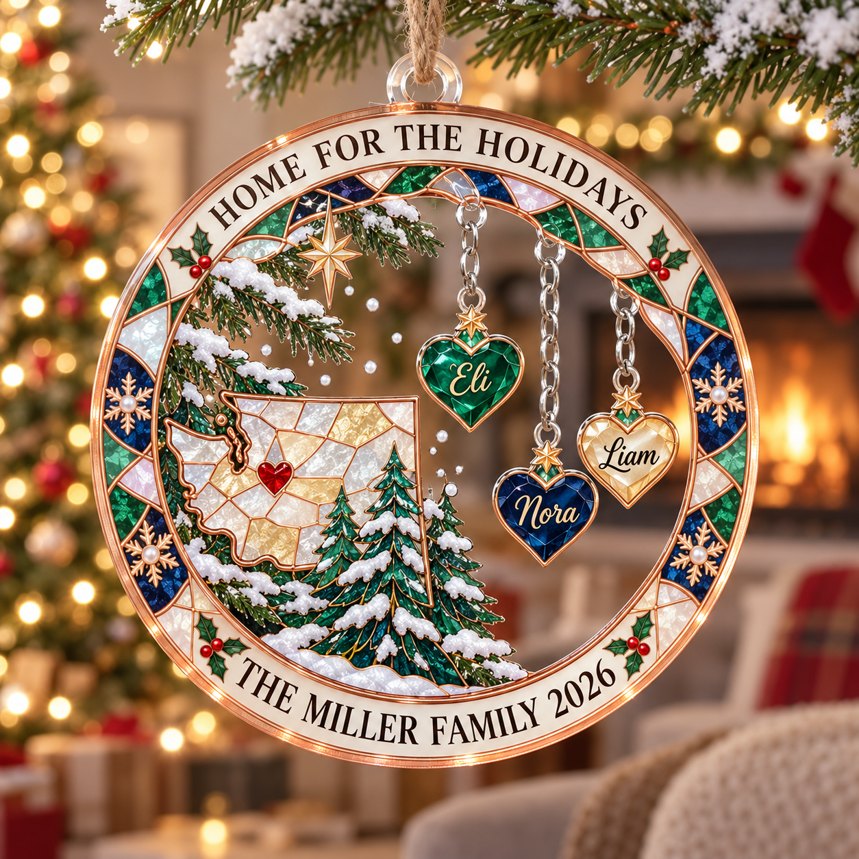 Stained-glass acrylic Christmas ornament with "HOME FOR THE HOLIDAYS" and personalised name charms