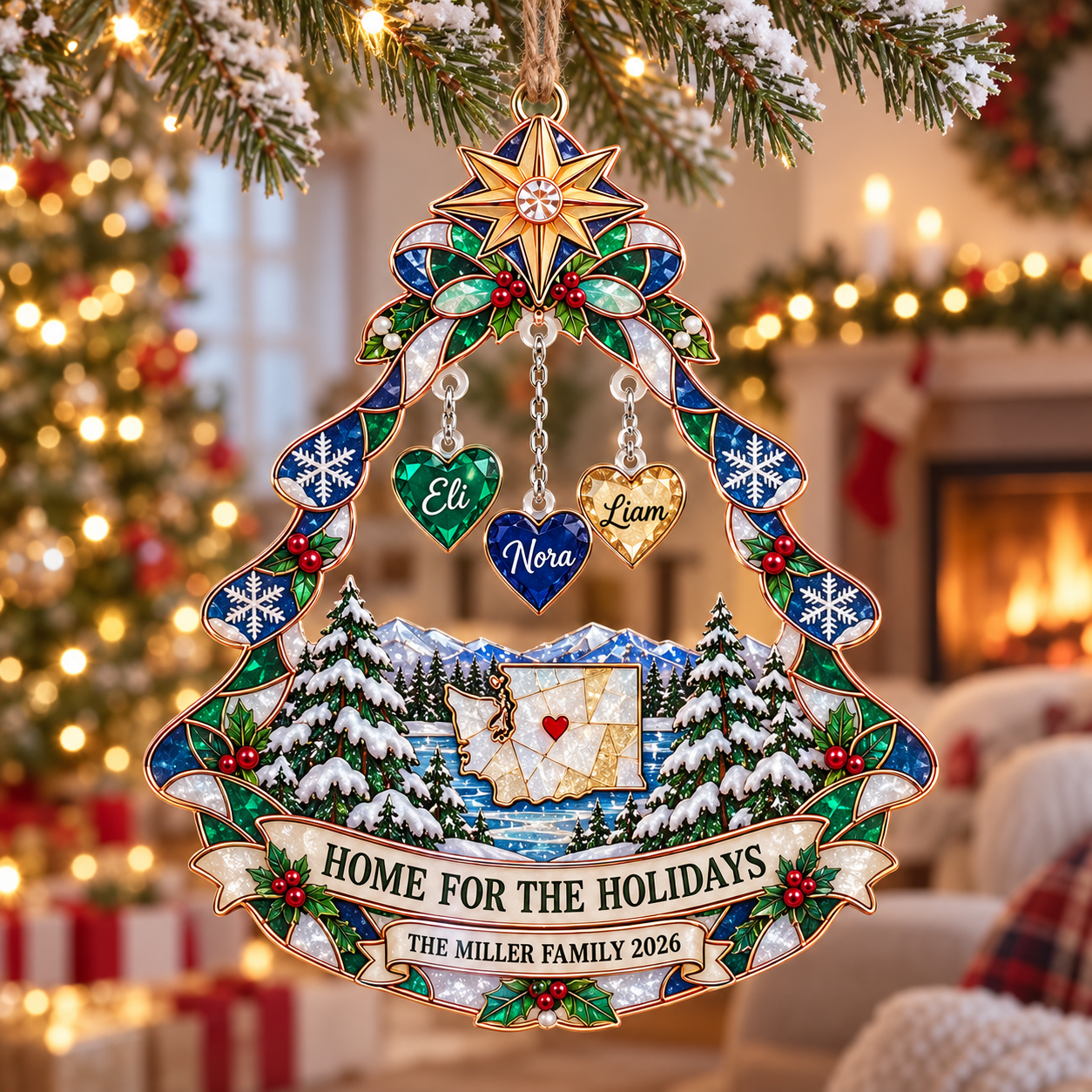 Stained-glass acrylic Christmas ornament with "HOME FOR THE HOLIDAYS" and personalised name charms