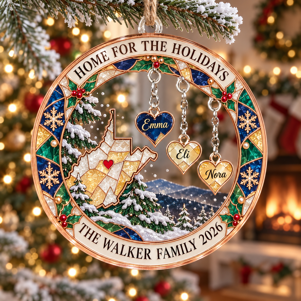 Stained-glass acrylic Christmas ornament with "HOME FOR THE HOLIDAYS" and personalised name charms