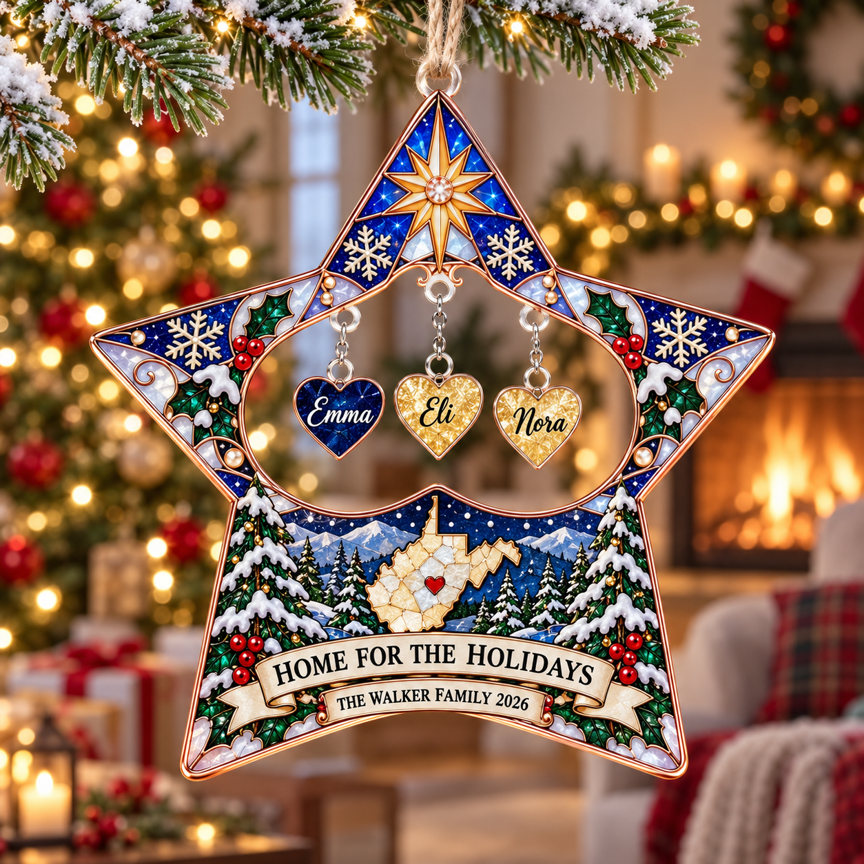 Stained-glass acrylic Christmas ornament with "HOME FOR THE HOLIDAYS" and personalised name charms