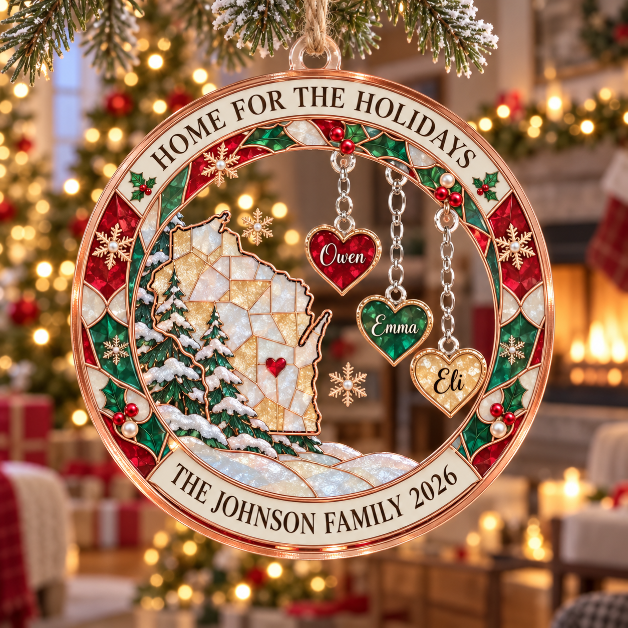 Stained-glass acrylic Christmas ornament with "HOME FOR THE HOLIDAYS" and personalised name charms
